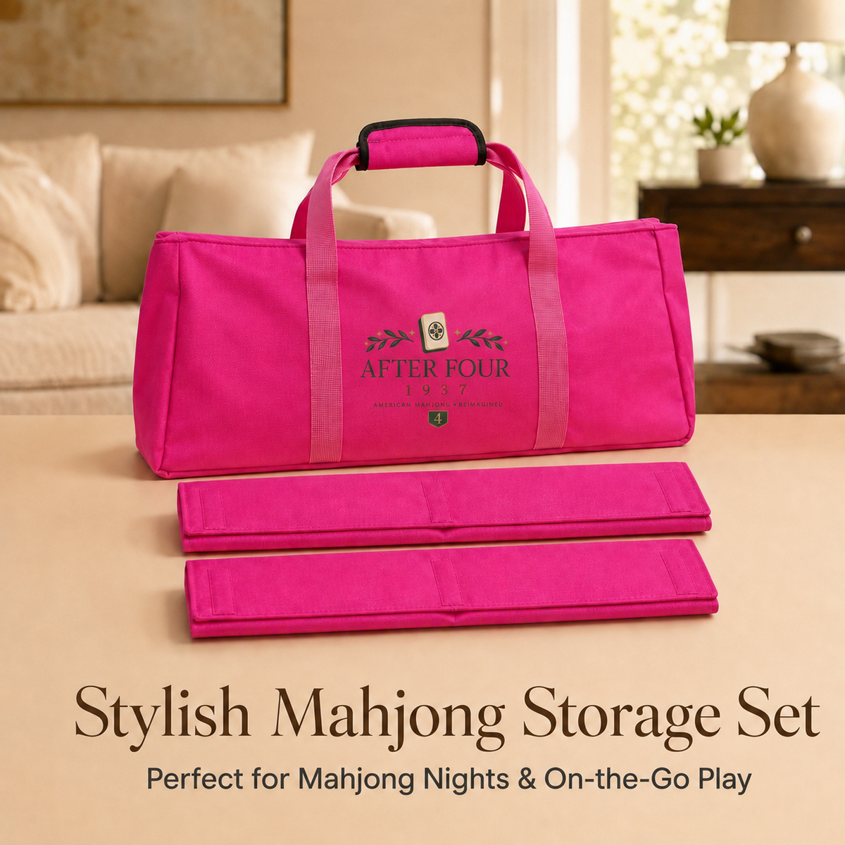 Barbie pink AFTER FOUR Mah Jongg carry bag with two matching storage sleeves in a warm home setting.