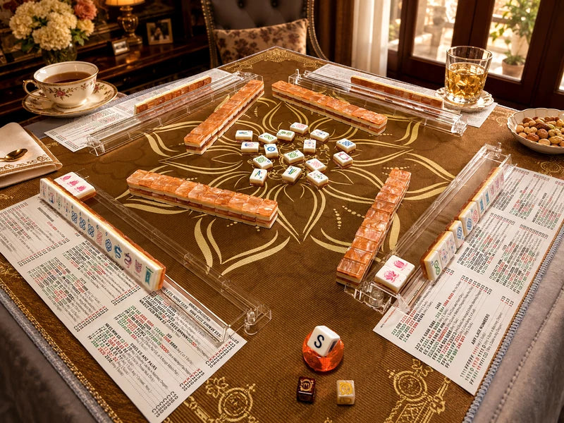 A prepared mah jongg table with four tile racks and reference cards, a patterned mat, cups and snacks