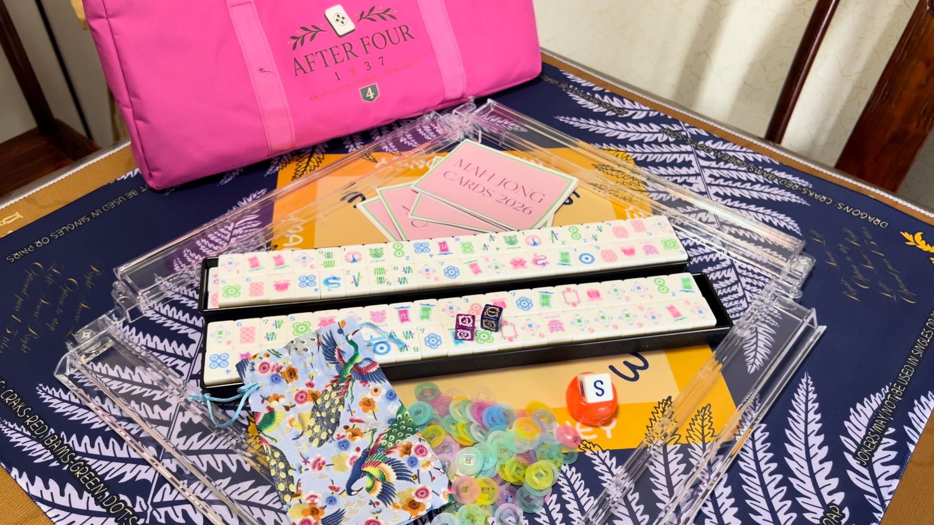 PANDATIME tiles, racks, dice, scoring chips, storage pouch and 2026 Mah Jongg cards