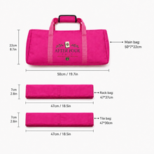 Barbie pink AFTER FOUR three-piece Mah Jongg carry bag set with main bag and unfolded storage sleeve dimensions.