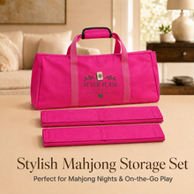 Barbie pink AFTER FOUR Mah Jongg carry bag with two matching storage sleeves in a warm home setting.