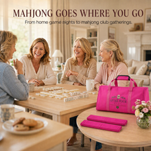 Barbie Pink AFTER FOUR three-piece Mah Jongg carry bag set beside an American Mah Jongg gathering