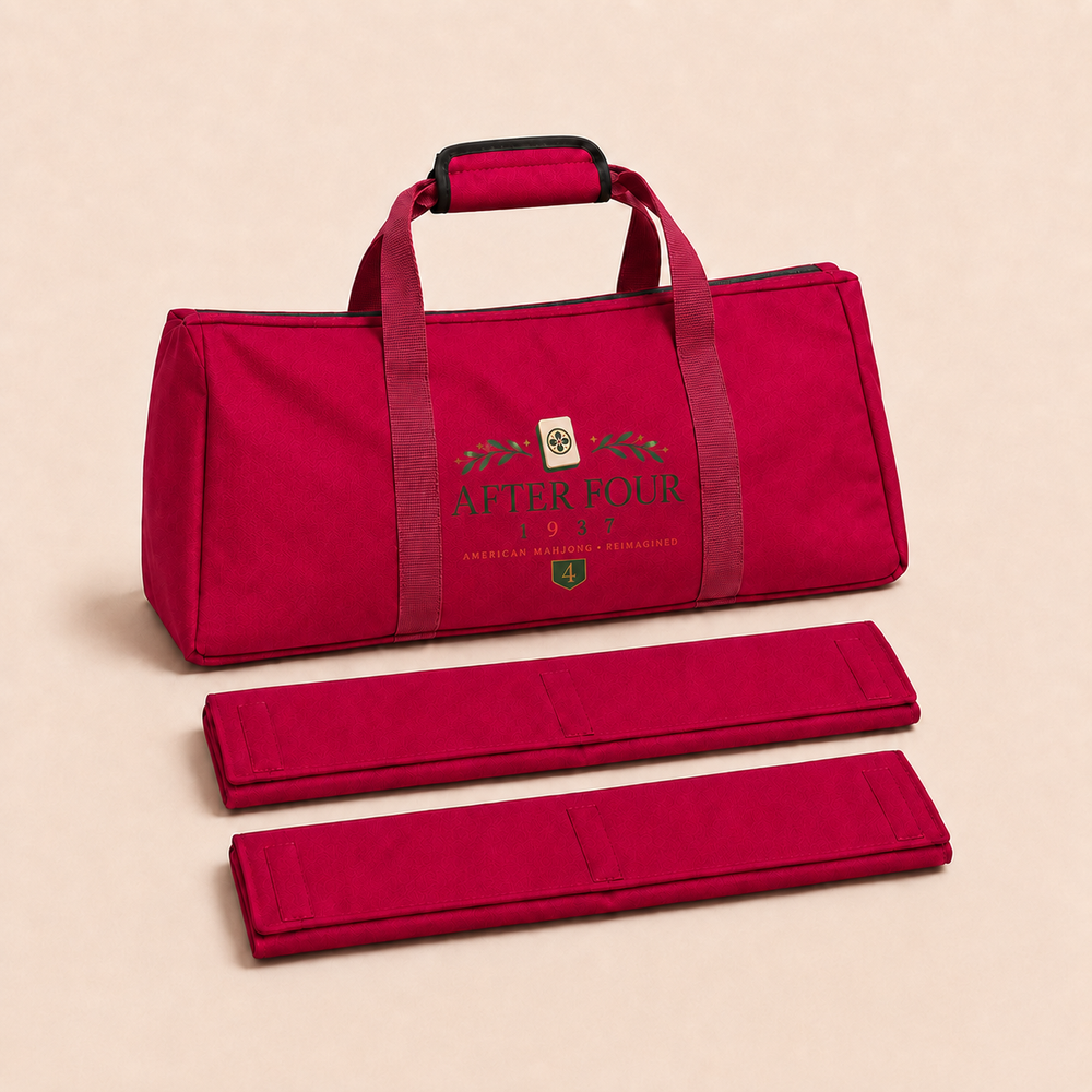 Burgundy AFTER FOUR three-piece Mah Jongg carry bag set shown from the front