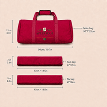 Burgundy AFTER FOUR three-piece Mah Jongg carry bag set with main bag and storage sleeve dimensions.