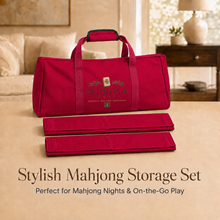 Burgundy AFTER FOUR three-piece Mah Jongg carry bag set displayed in a home storage setting
