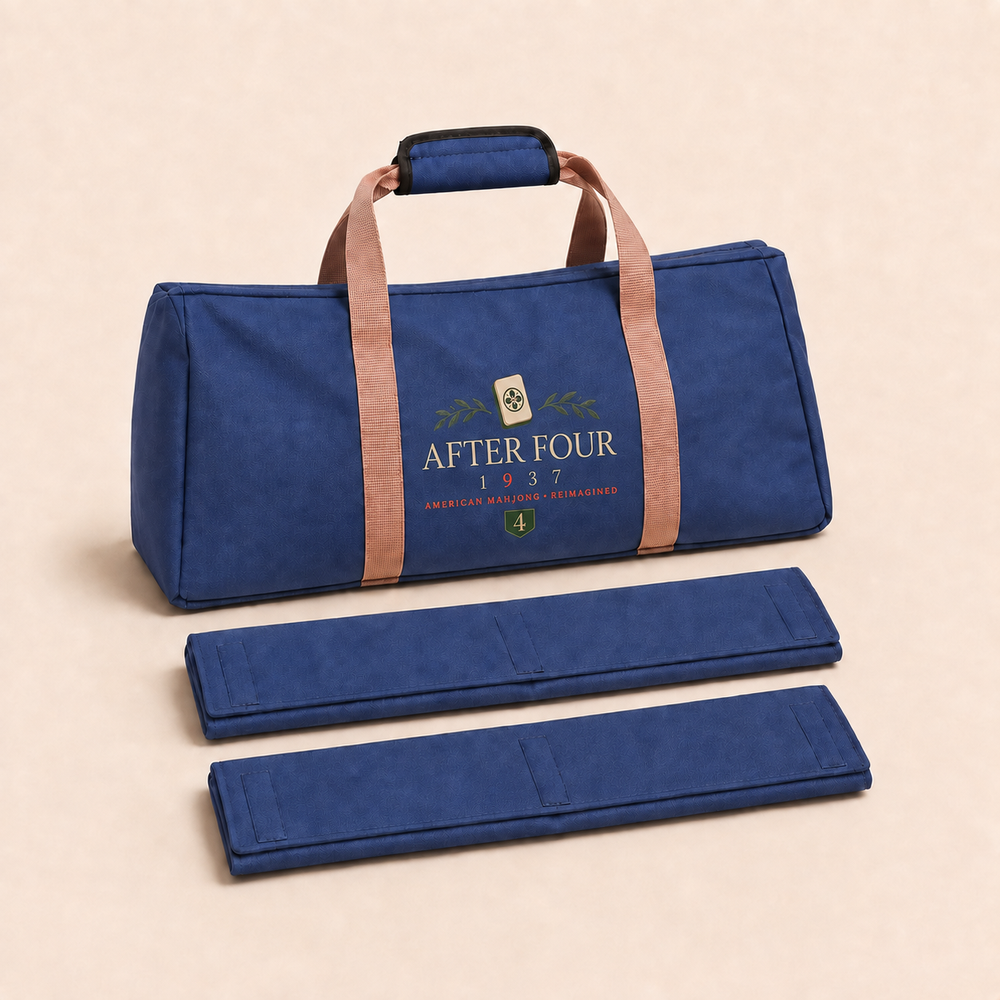 Light Blue / Tan Straps AFTER FOUR three-piece Mah Jongg carry bag set shown from the front