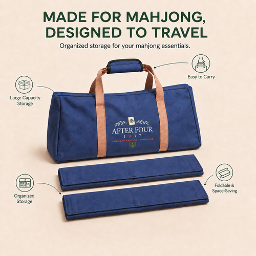 Light Blue / Tan Straps AFTER FOUR three-piece Mah Jongg carry bag set showing the core storage features