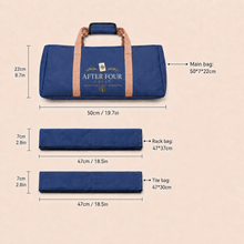 Light blue AFTER FOUR three-piece Mah Jongg carry bag set with tan straps and storage sleeve dimensions.