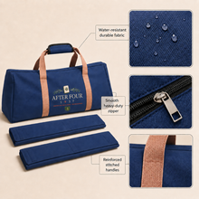 Light Blue / Tan Straps AFTER FOUR three-piece Mah Jongg carry bag set showing material, zipper and handle construction details