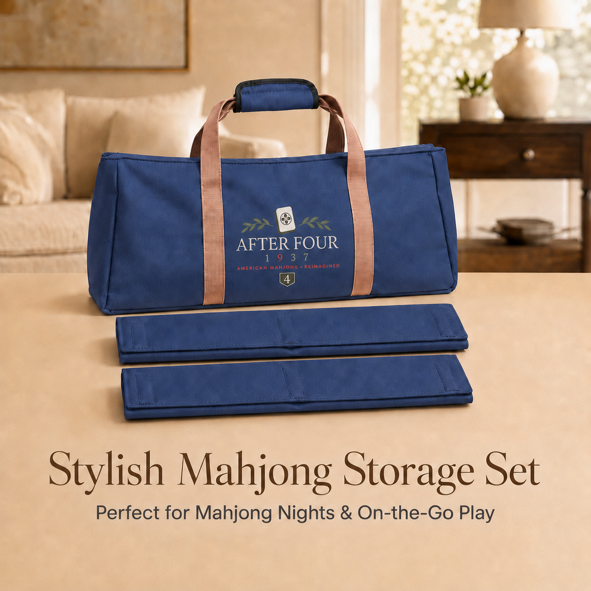 Light Blue / Tan Straps AFTER FOUR three-piece Mah Jongg carry bag set displayed in a home storage setting