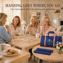 Light Blue / Tan Straps AFTER FOUR three-piece Mah Jongg carry bag set beside an American Mah Jongg gathering