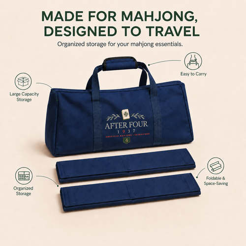 Navy AFTER FOUR three-piece Mah Jongg carry bag set showing the core storage features