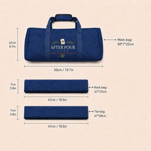 Navy AFTER FOUR three-piece Mah Jongg carry bag set with main bag and storage sleeve dimensions.