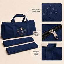Navy AFTER FOUR three-piece Mah Jongg carry bag set showing material, zipper and handle construction details