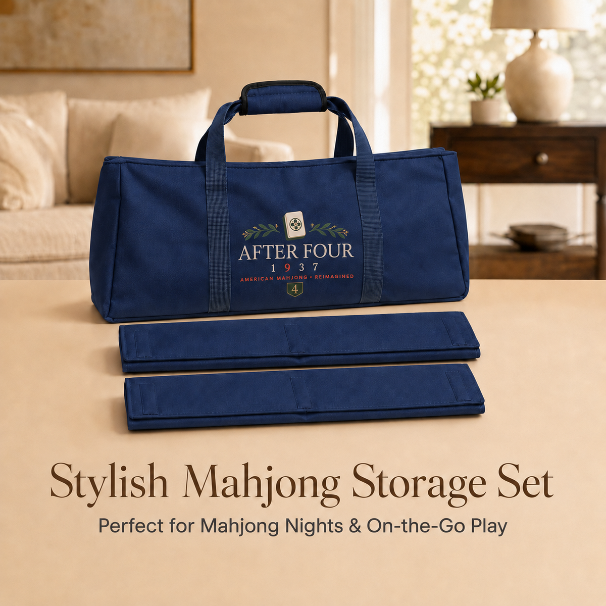 Navy AFTER FOUR three-piece Mah Jongg carry bag set displayed in a home storage setting