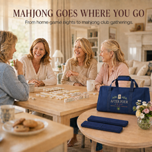 Navy AFTER FOUR three-piece Mah Jongg carry bag set beside an American Mah Jongg gathering
