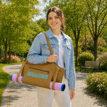 Brown canvas American Mah Jongg carrying bag — carrying view