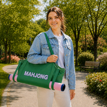 Green canvas American Mah Jongg carrying bag — carrying view