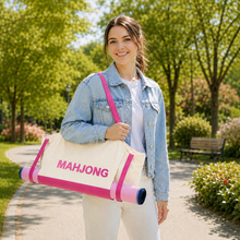 Pink & Ivory canvas American Mah Jongg carrying bag — carrying view