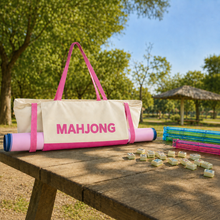 Pink & Ivory canvas American Mah Jongg carrying bag — outdoor table