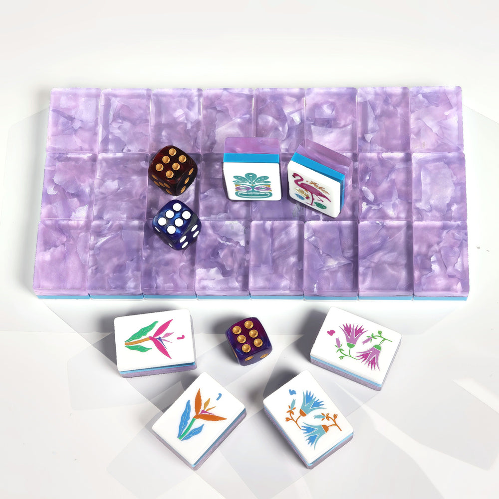 Amethyst Garden American Mah Jongg tile set with lavender marbled backs and tropical illustrated faces