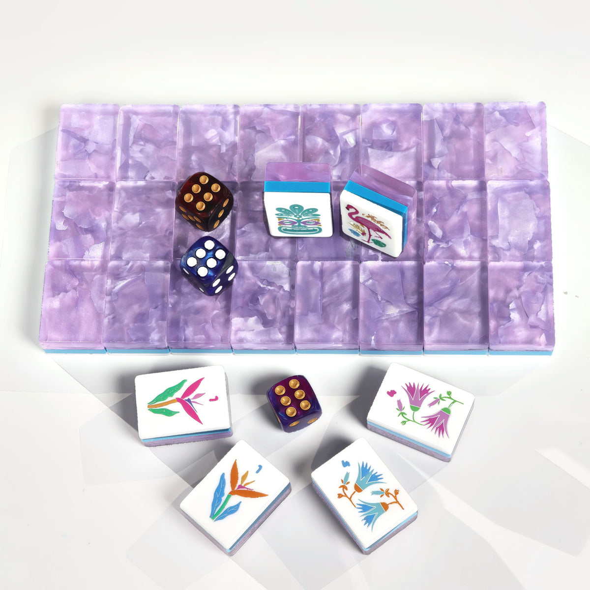 Amethyst Garden American Mah Jongg tile set with lavender marbled backs and tropical illustrated faces