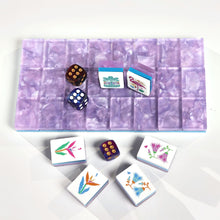 Amethyst Garden American Mah Jongg tile set with lavender marbled backs and tropical illustrated faces