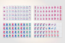 Complete layout of Amethyst Garden American Mah Jongg tile faces with tropical flowers, coral and seahorses