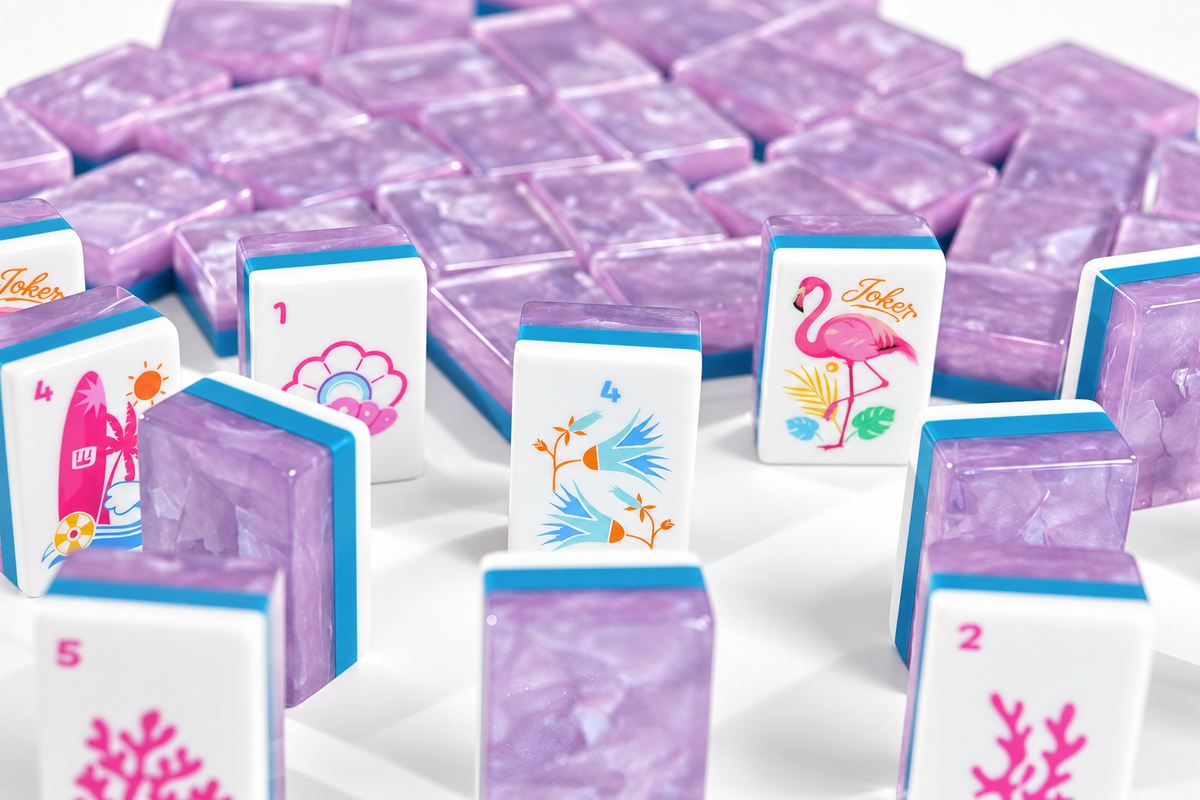 Standing Amethyst Garden American Mah Jongg tiles showing tropical illustrations and lavender marbled backs