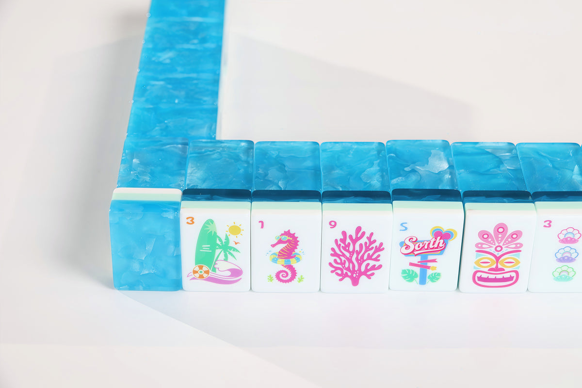 Azure Tropics American Mah Jongg tile wall with aqua backs and colorful tropical artwork