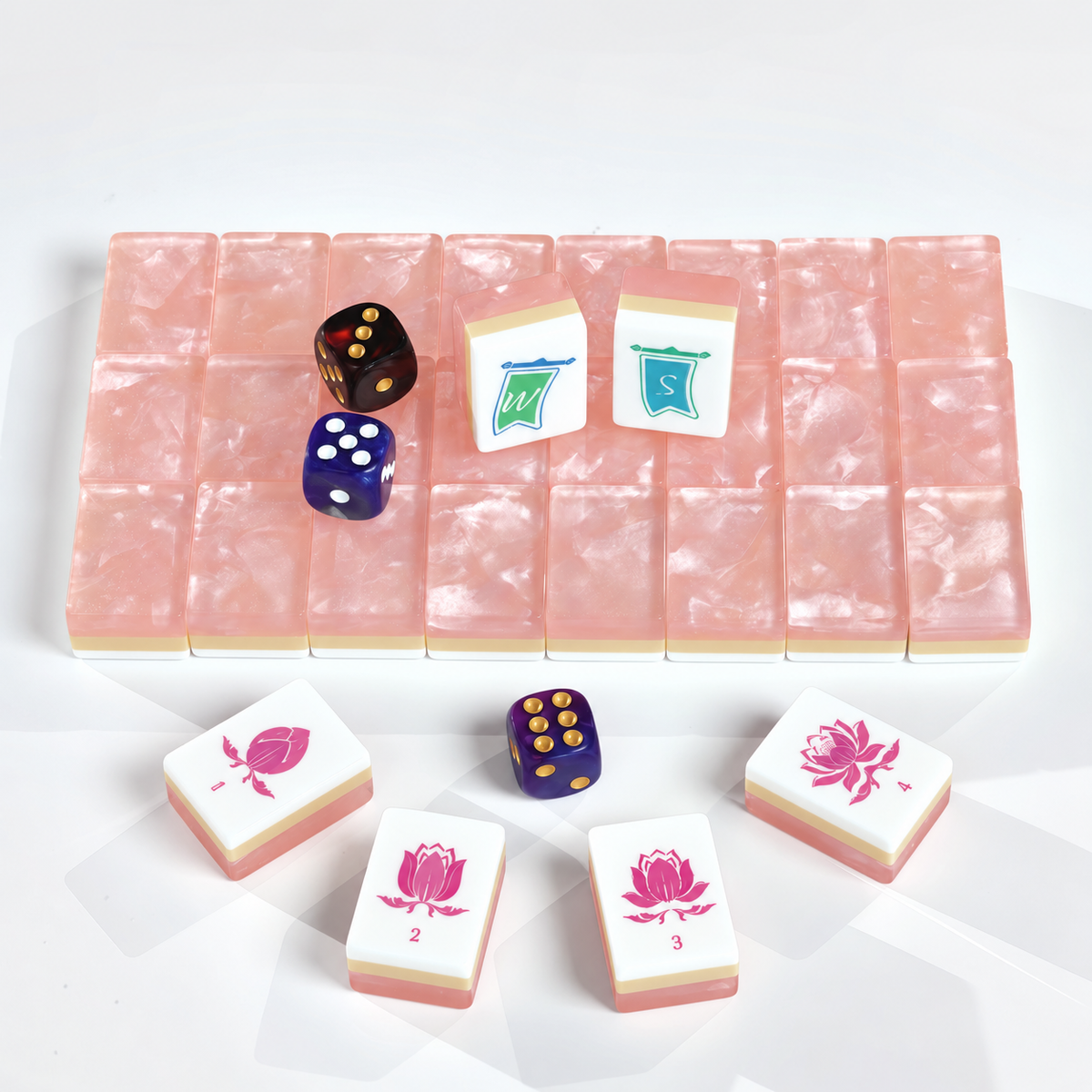 Blush Lotus American Mah Jongg tile set with pink marbled backs and illustrated lotus tiles