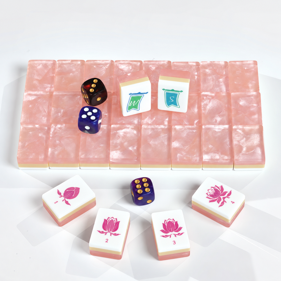 Blush Lotus American Mah Jongg tile set with pink marbled backs and illustrated lotus tiles