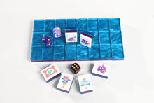 Wide product view of Sapphire Pavilion American Mah Jongg tiles with deep blue backs and styling dice