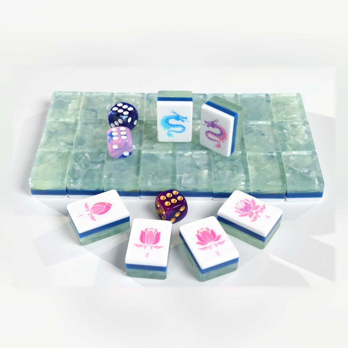 Sea Glass Lotus American Mah Jongg tile set with pale green marbled backs and pink lotus artwork