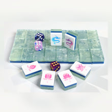 Sea Glass Lotus American Mah Jongg tile set with pale green marbled backs and pink lotus artwork