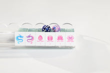 Front view of Sea Glass Lotus American Mah Jongg dragon and lotus tiles on a clear rack